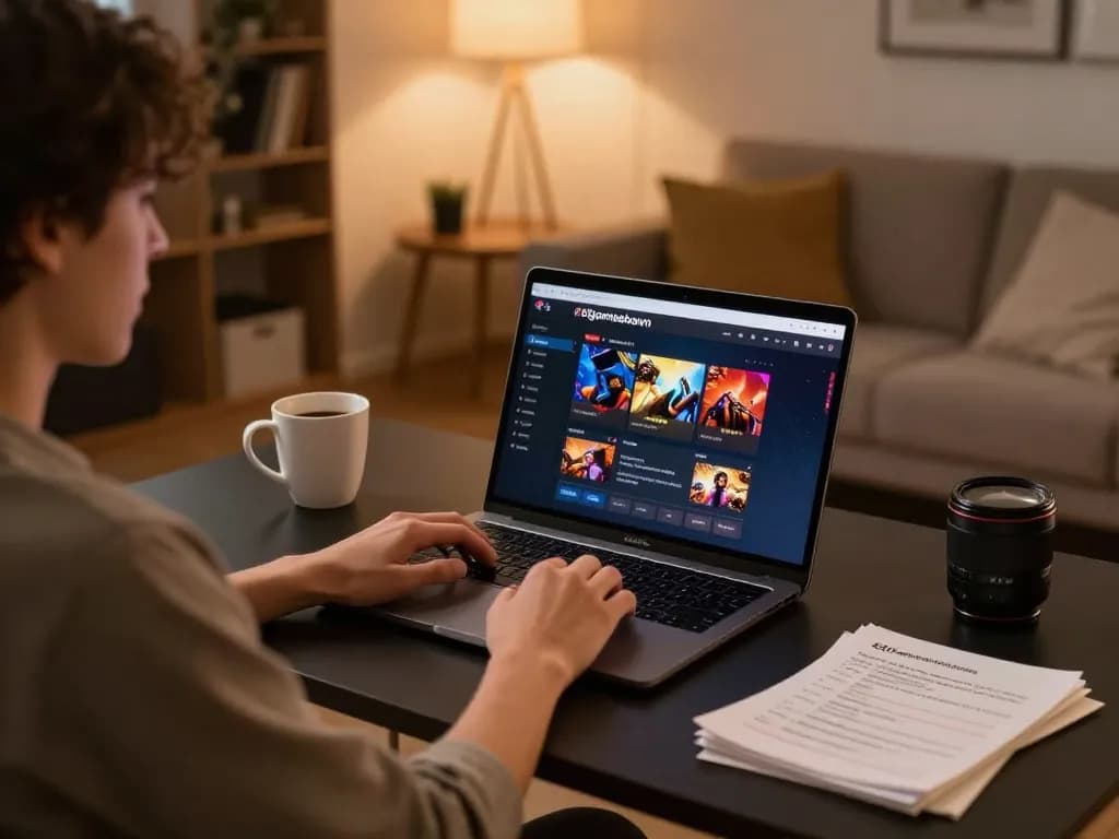 Engaging home gaming scene with a player using 68gamebaivn on a laptop for online gameplay.