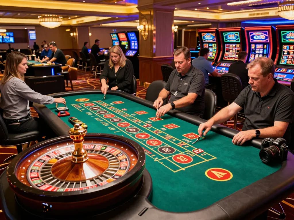 Engaging casino scene featuring players at tables on https://qtr88.com/, showcasing dynamic gameplay in an upscale environment.