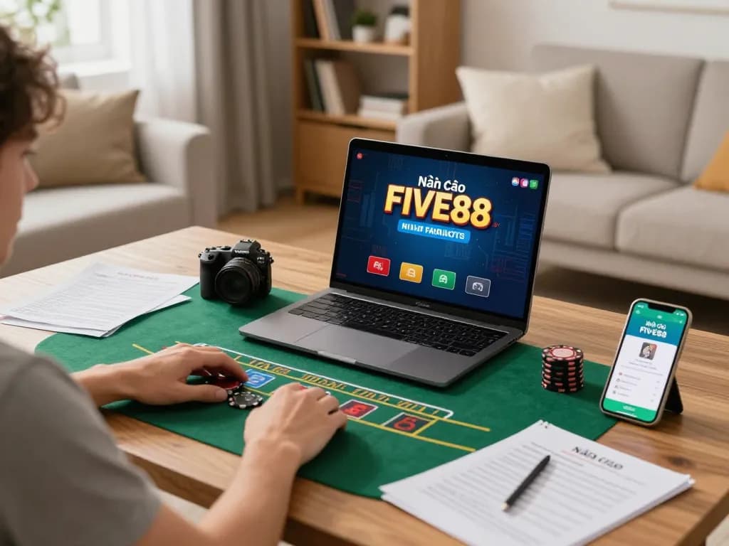 Player enjoying a live dealer blackjack game on Nhà cái FIVE88 with vibrant home decor.