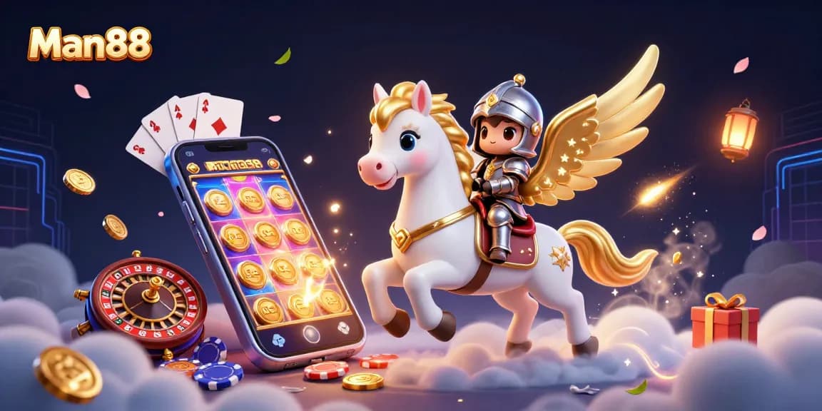 Engage with Man88’s thrilling slots as a celestial horse and knight soar through a vibrant casino landscape.
