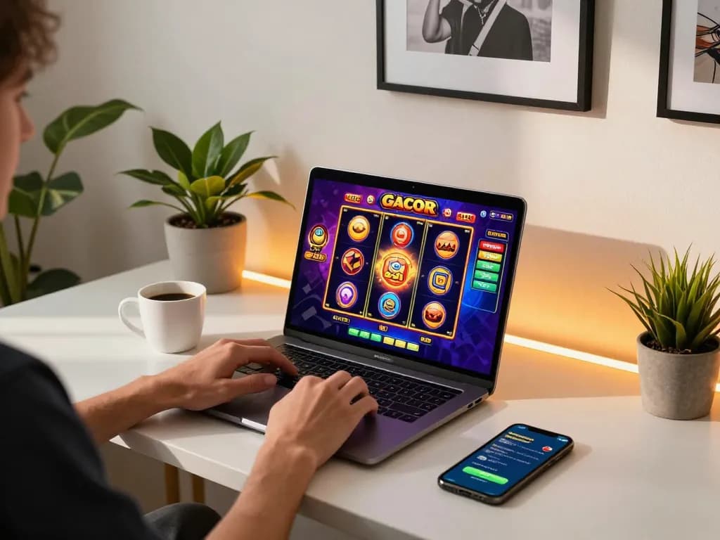 Engaging in a slot gacor online gaming experience at a stylish desk with laptop and coffee.