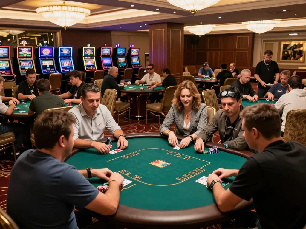 Engaged players at a MANCLUB poker table strategizing bets in an upscale casino setting