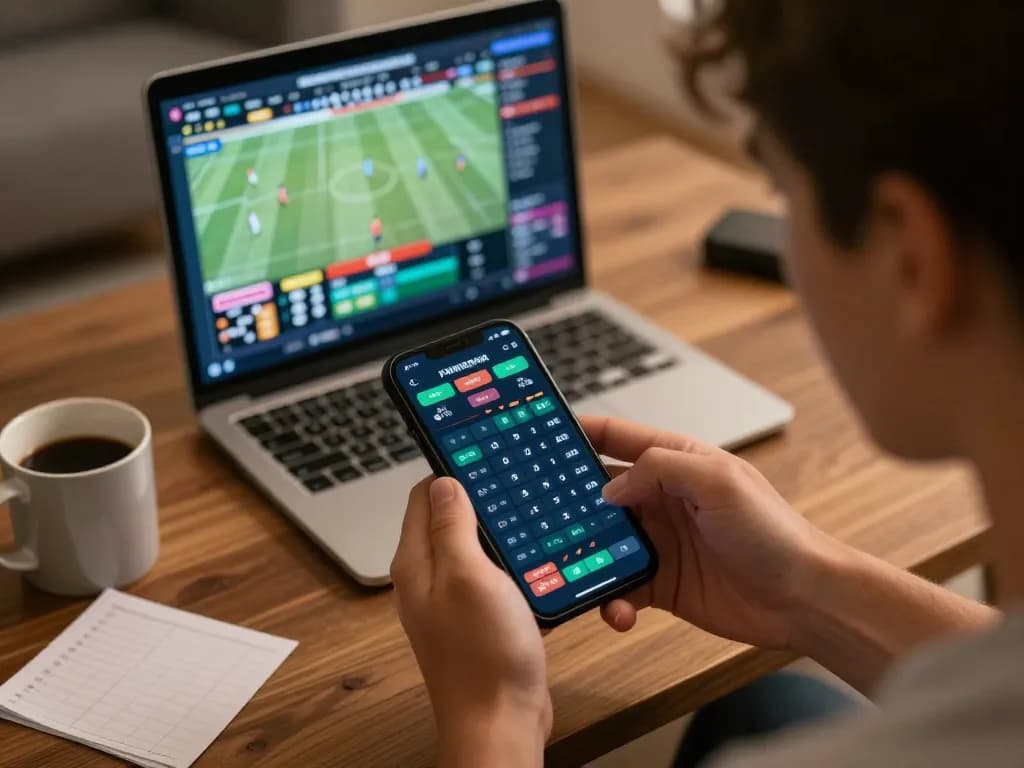 Engaging player utilizing 78wingo sports betting app on smartphone in a cozy home setup.