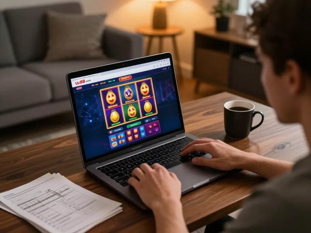 Player engaging with uu88 com online casino on laptop, surrounded by gaming notes in a cozy setting