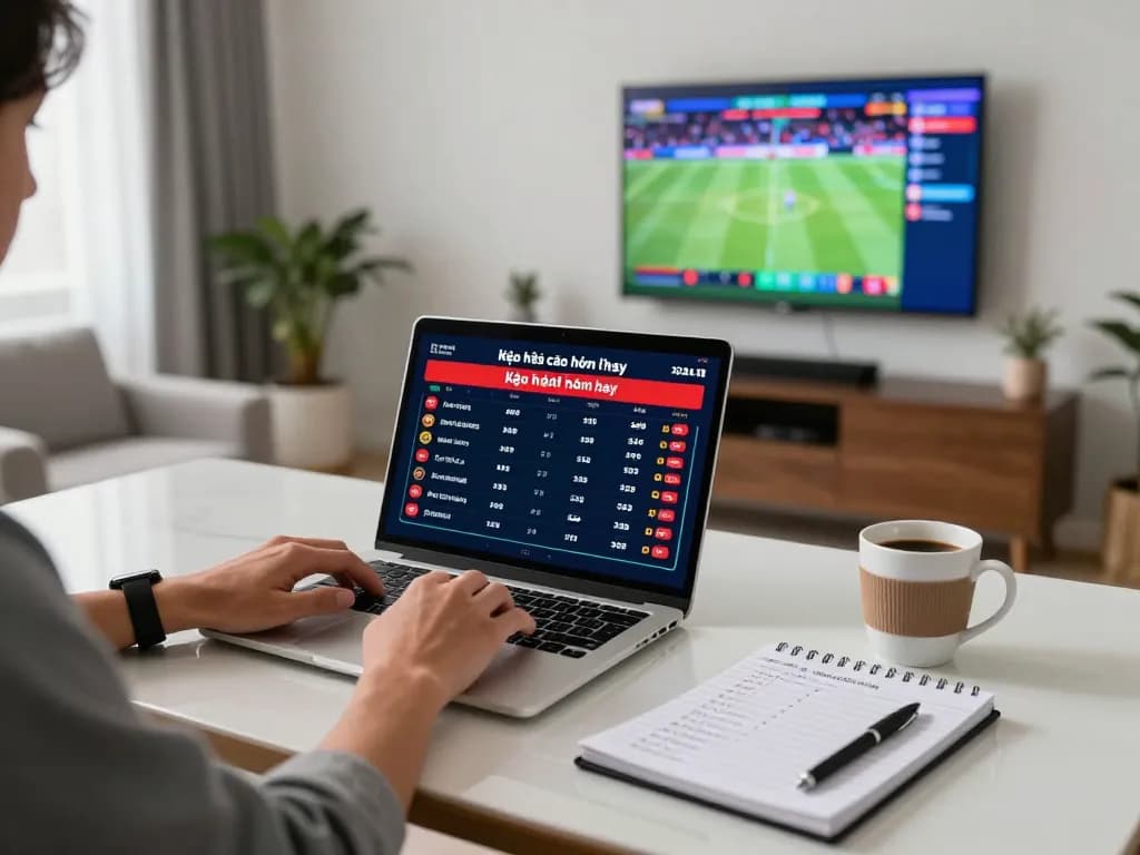 Engaging online betting setup focusing on kèo nhà cái hôm nay with live sports on screen, showcasing strategic gambling atmosphere.