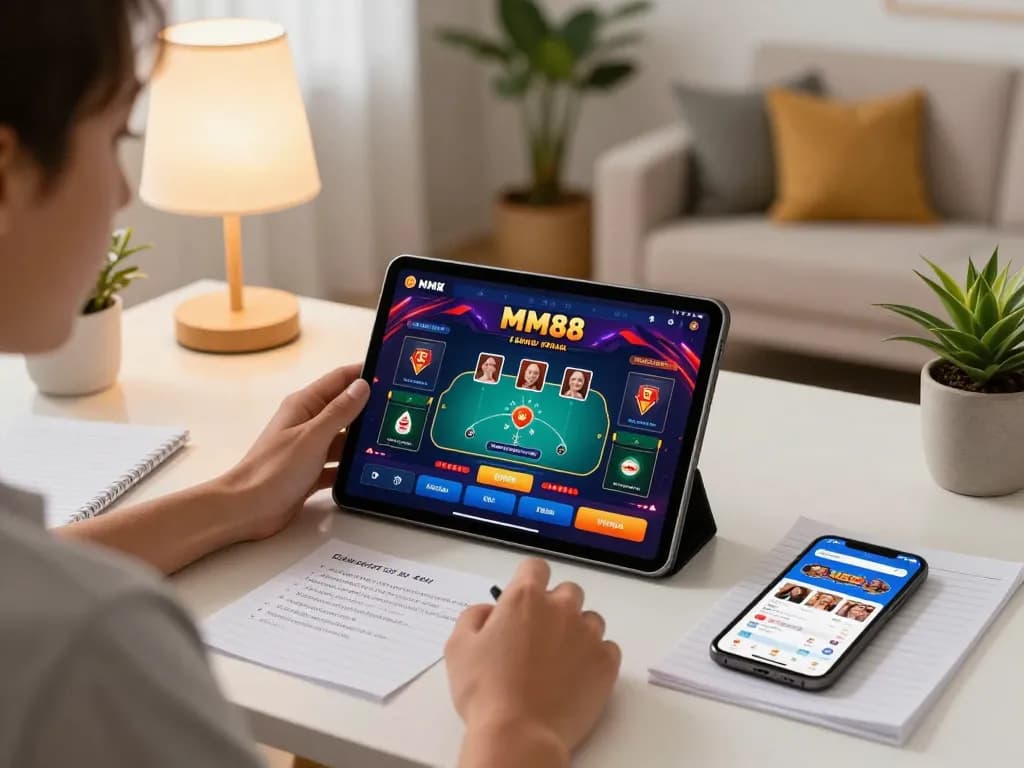 Engaged in online casino gaming on MM88 tablet in cozy home setup.