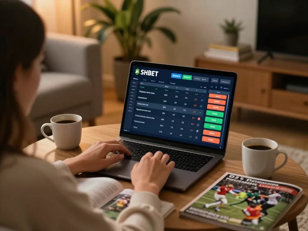 Engaging in sports betting on SHBET from the comfort of home with laptop interface
