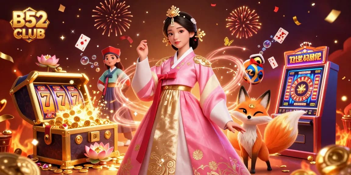 B52CLUB brings fortune with slot machines and a vibrant festival atmosphere, featuring a lucky nine-tailed fox.