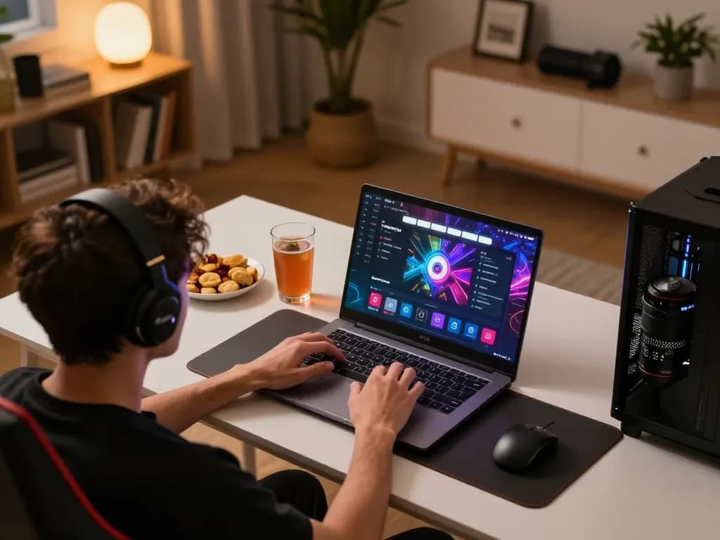 Player engaging with 92slot online platform on laptop, enjoying a friendly gaming atmosphere.