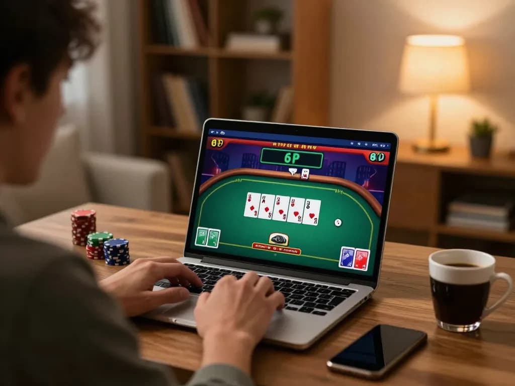 Player engaging in online poker with km777 on laptop, showcasing an immersive at-home gaming experience.