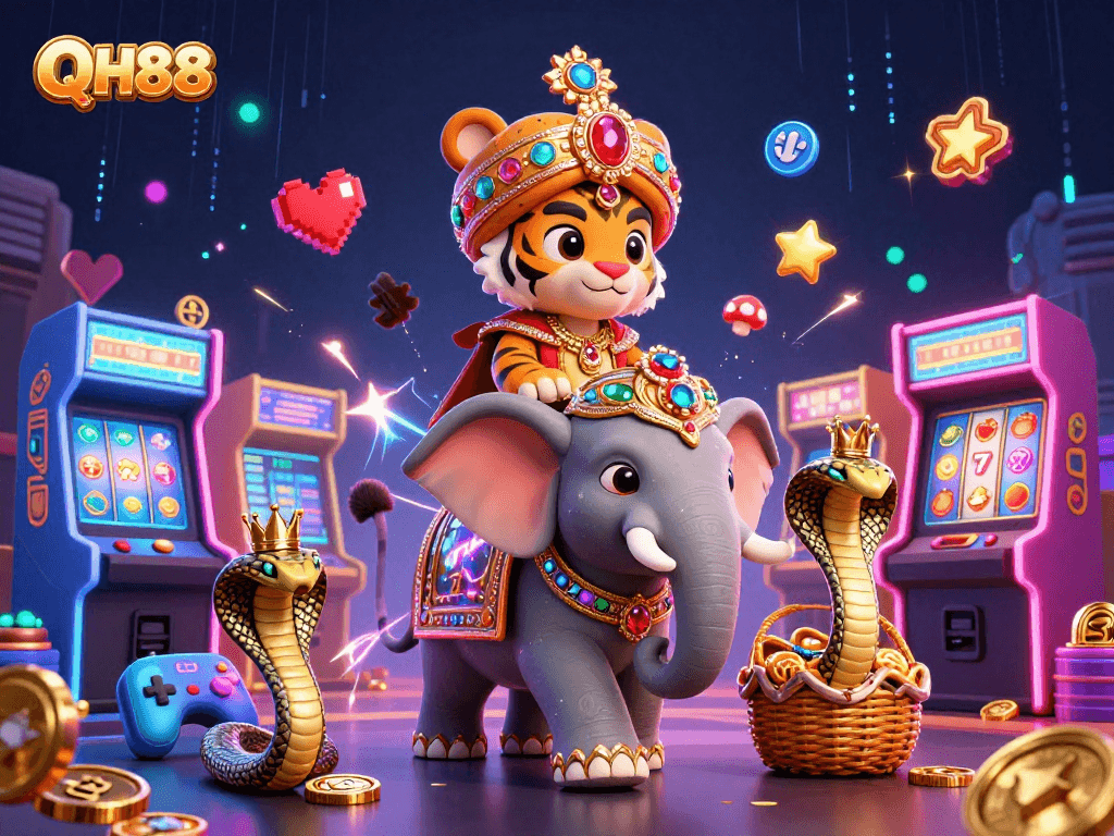 Experience the vibrant QH88 casino atmosphere with a colorful 3D scene featuring slot reels and characters.