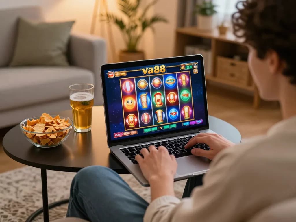Player enjoying va88 online casino slots on laptop, cozy home environment with snacks and drinks