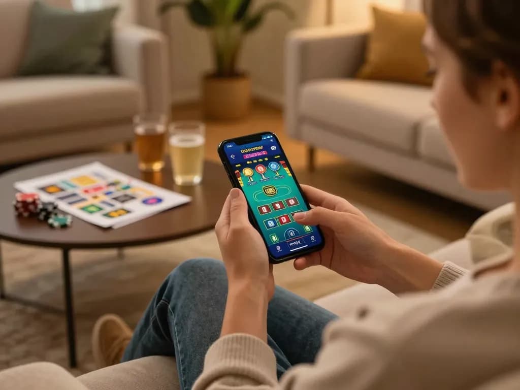 Player engaging with the uu88 mobile app for online betting, showcasing live dealer games and strategy notes in a cozy setting.