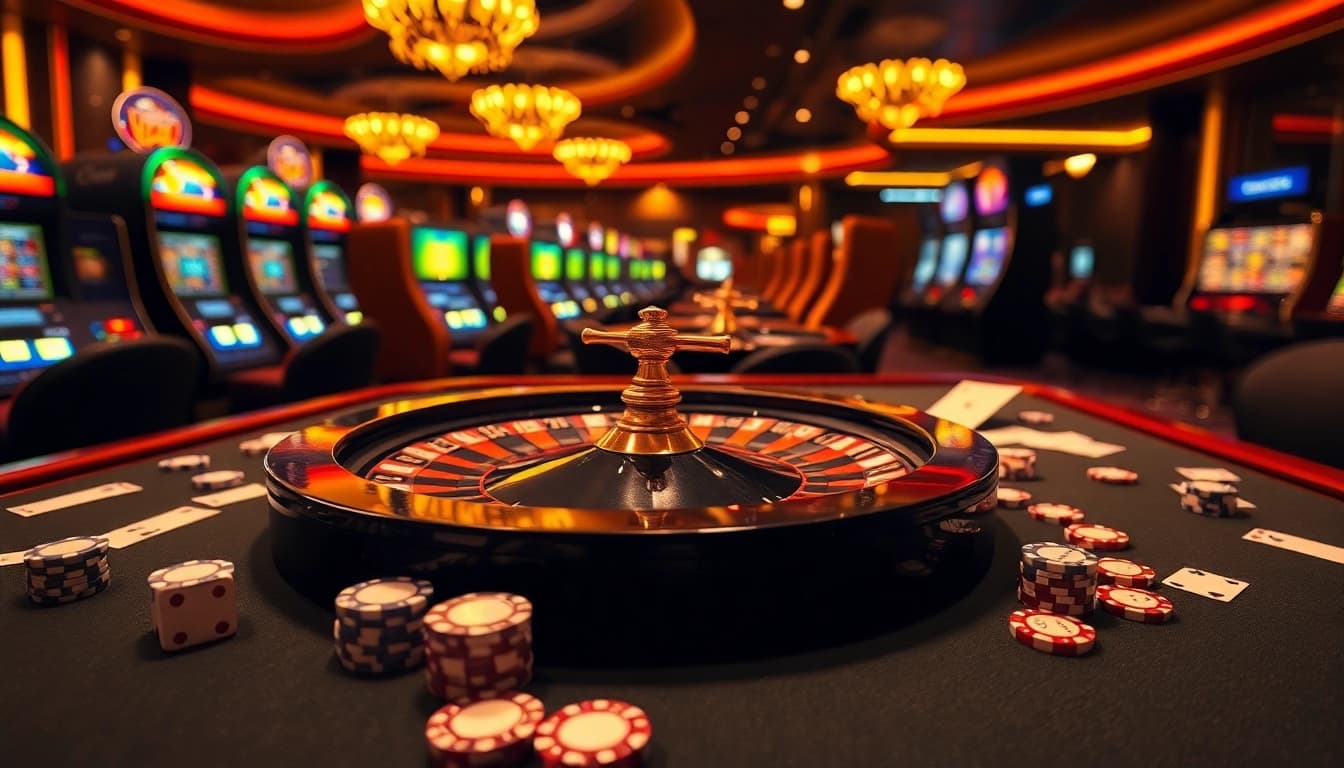 Experience the thrill of winning at https://xx88.promo/ with a vibrant casino gaming scene, showcasing roulette, chips, and slot machines.