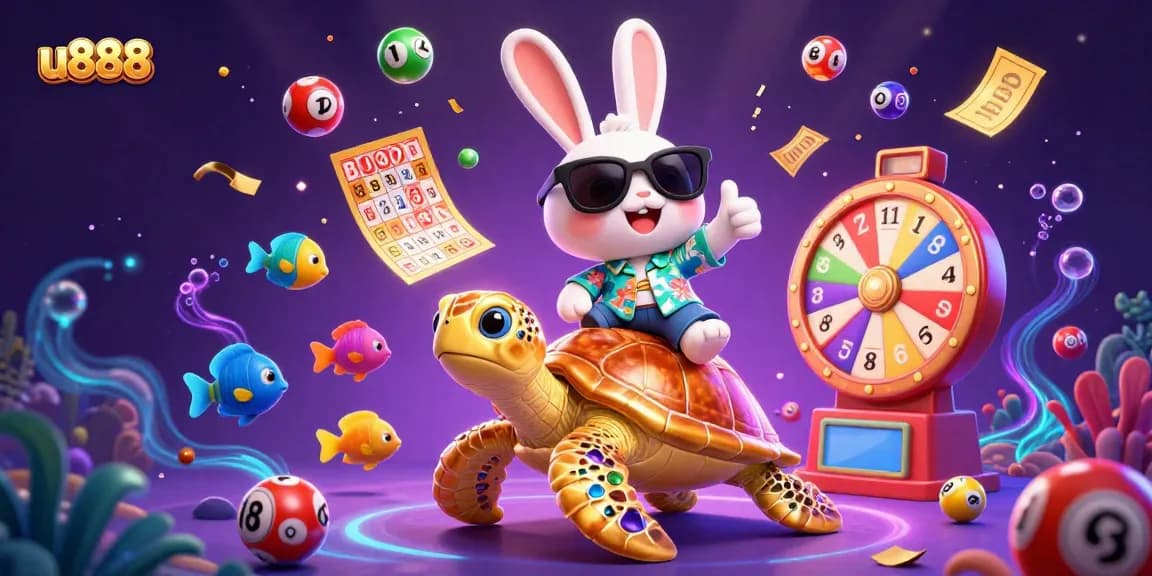 Experience the excitement of u888 with a dynamic lottery scene featuring our cute lucky rabbit and golden turtle.