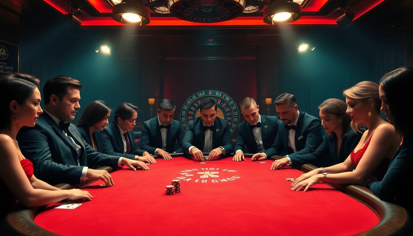 Players engaging in a thrilling poker game at KJC, featuring vibrant colors and luxurious casino elements.