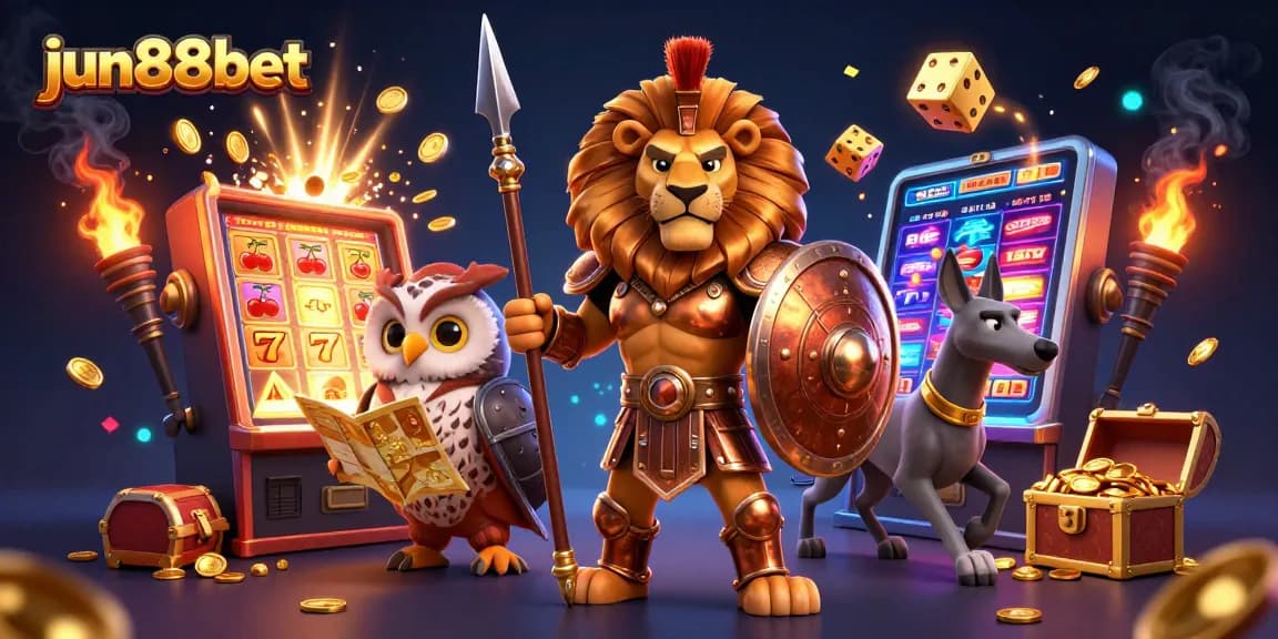 Experience thrilling gaming with jun88bet's exciting 3D casino illustration featuring vibrant characters and elements.