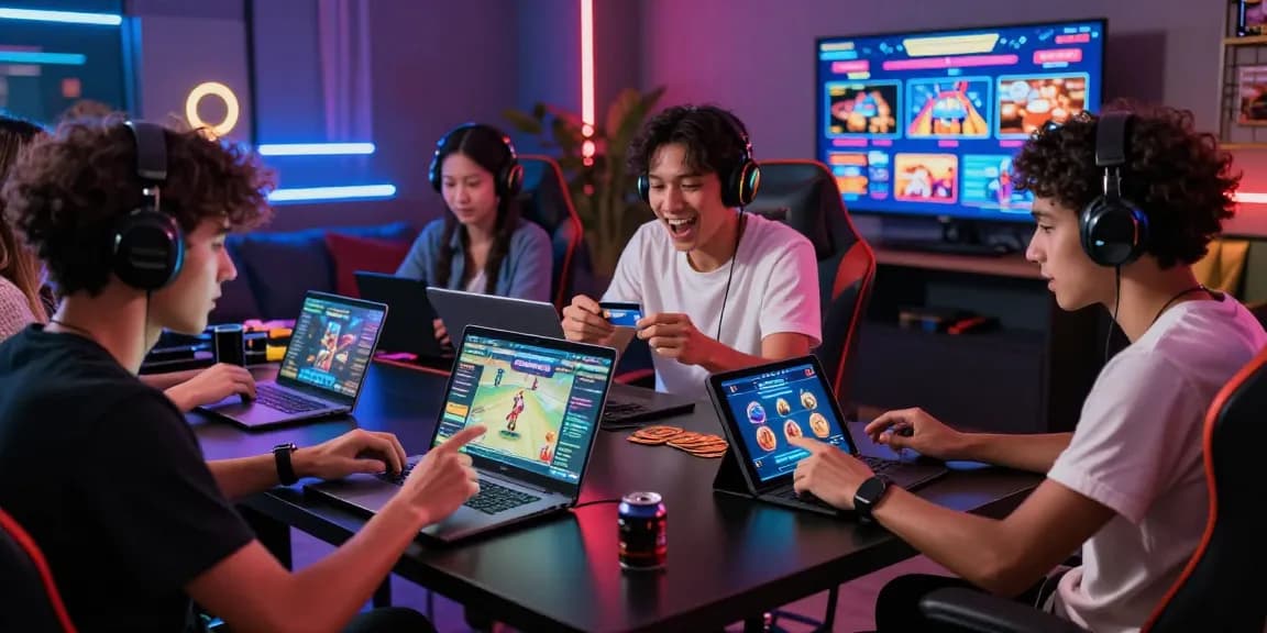 Exciting online gaming atmosphere showcasing players at https://transact.org.uk depositing using credit cards in a modern lounge.