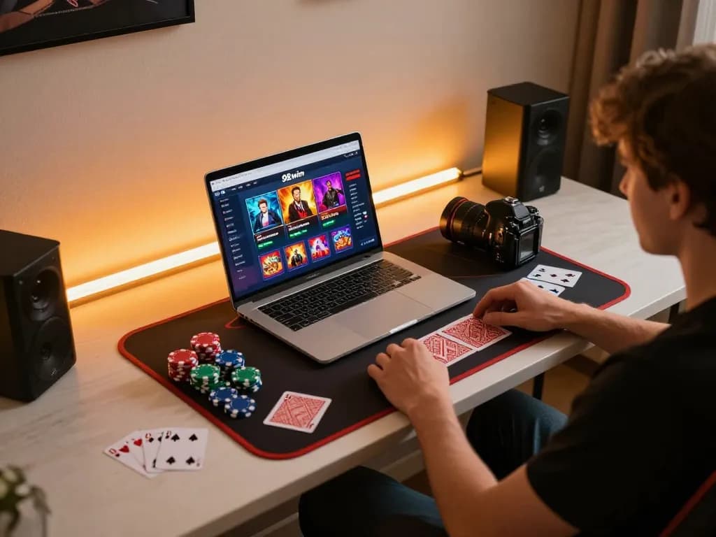 Engaged player using 98win com on laptop, showcasing online casino experience in cozy setting