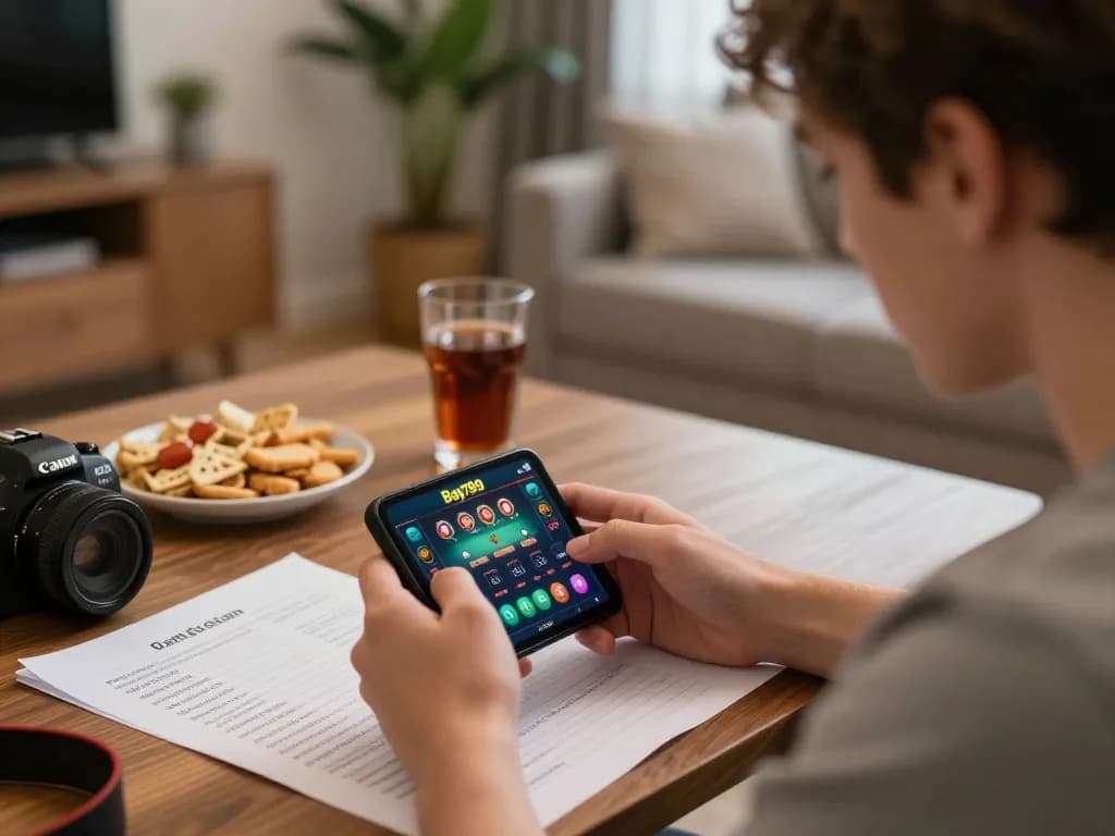 Player analyzing strategies while enjoying Bay789 online casino gaming at home