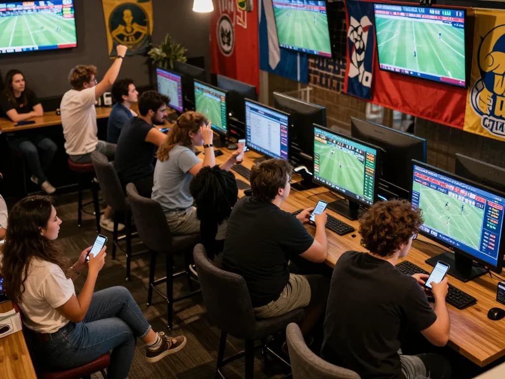 Betting on sports at 33win, enthusiastic fans placing bets in a lively lounge.