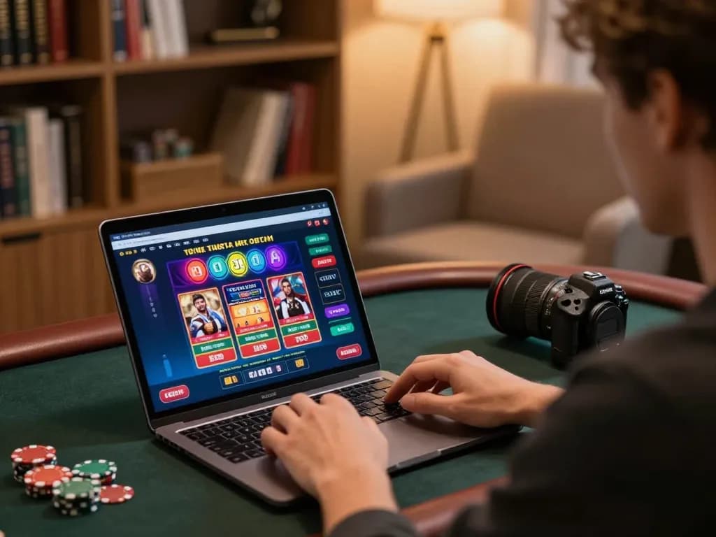 Engaged player analyzing gameplay on laptop with nowgoals showing real-time betting information and stats.