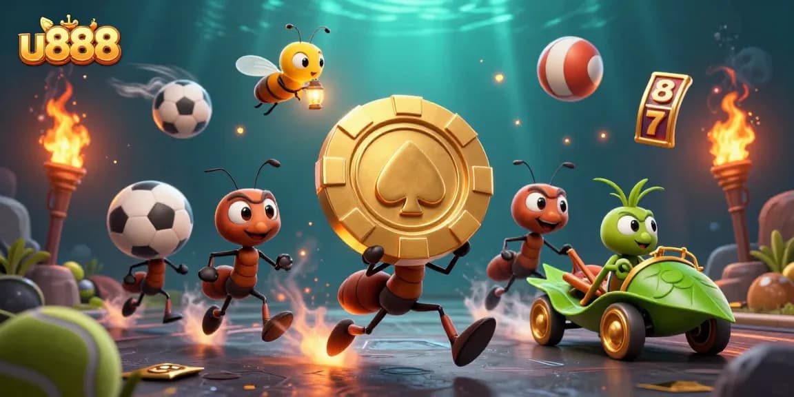 u888 showcases ants in a heist scene with a golden chip in a captivating casino-themed illustration
