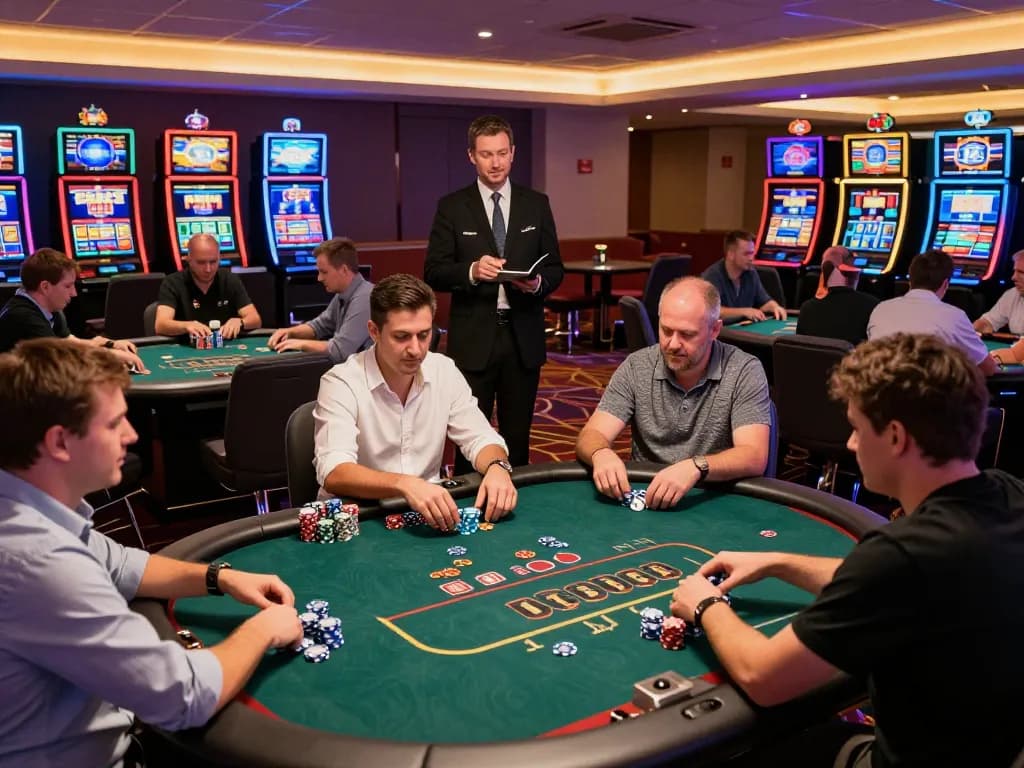 Bj88 casino players engaged at poker tables, vibrant atmosphere of gambling excitement in a modern setting.