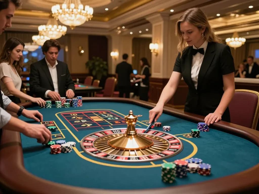 Experience the thrill of betting at Bayvip roulette table with engaged players and dynamic ambiance.