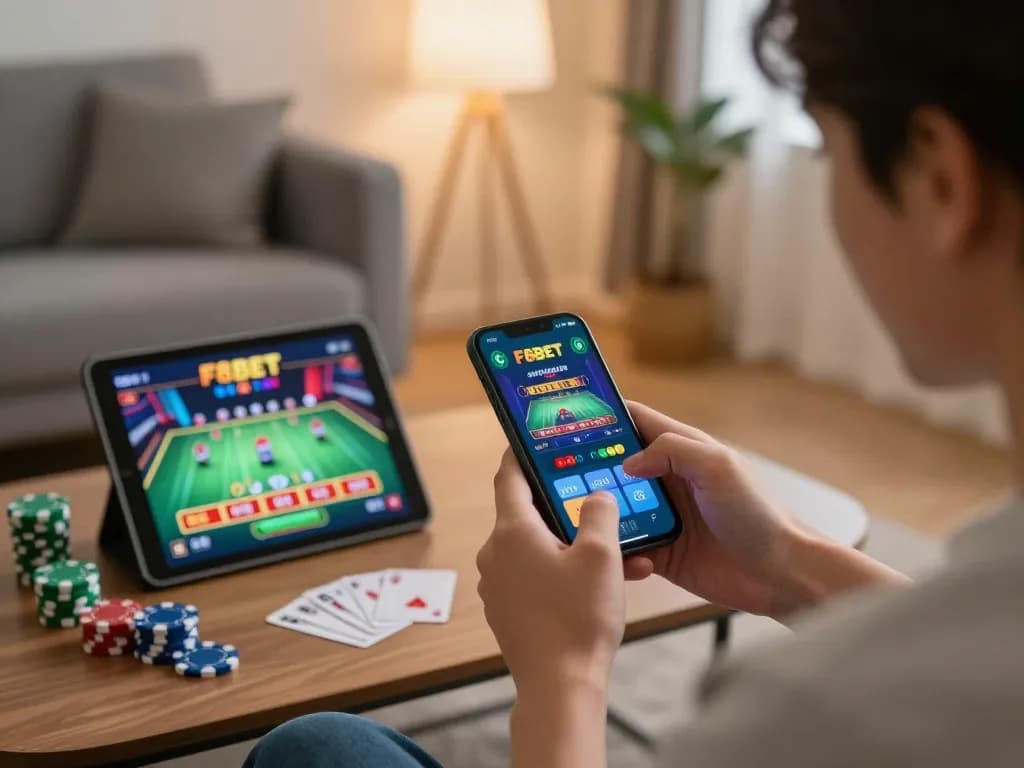 Player showcasing an exciting moment using the F8BET casino app in a cozy living room setting