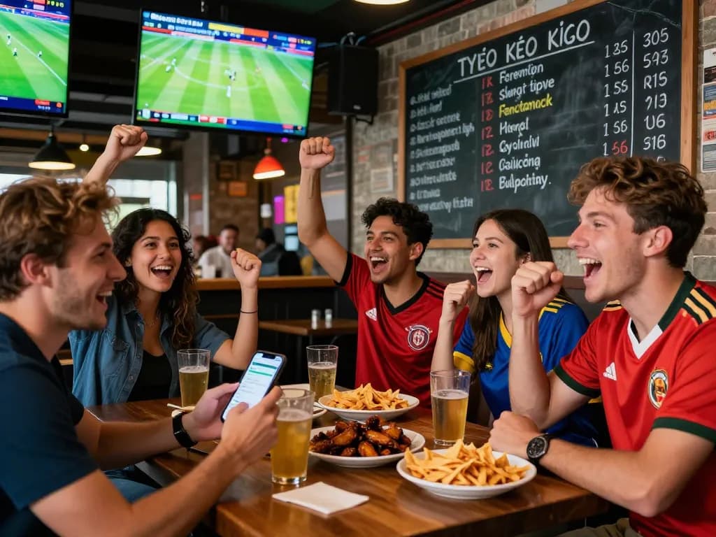 Diverse friends enjoying live sports at a bar, checking tỷ lệ kèo trực tuyến from smartphone, excited atmosphere with screens in background.