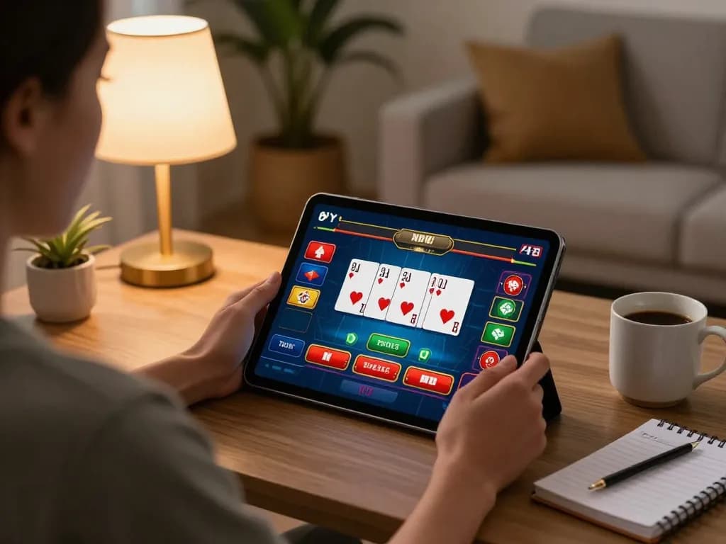 Engaging in online gaming on 88VV tablet, showcasing poker interface and cozy home atmosphere.