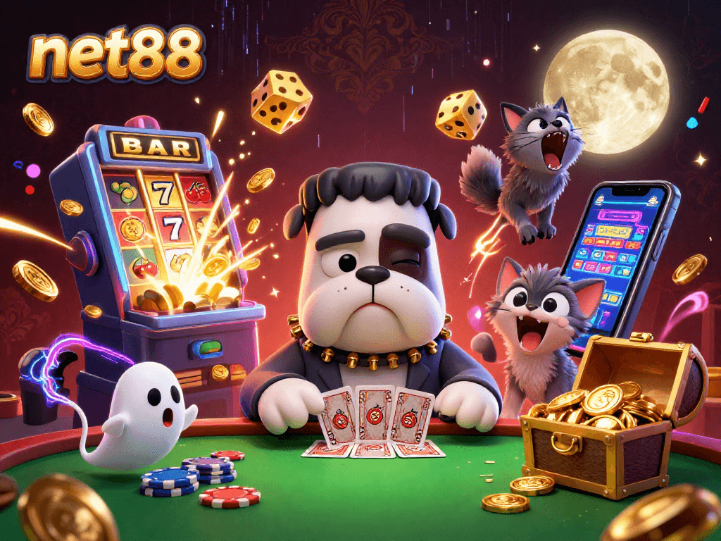 Experience thrilling gameplay at net88 as a Frankenstein bulldog deals cards amid colorful casino elements.