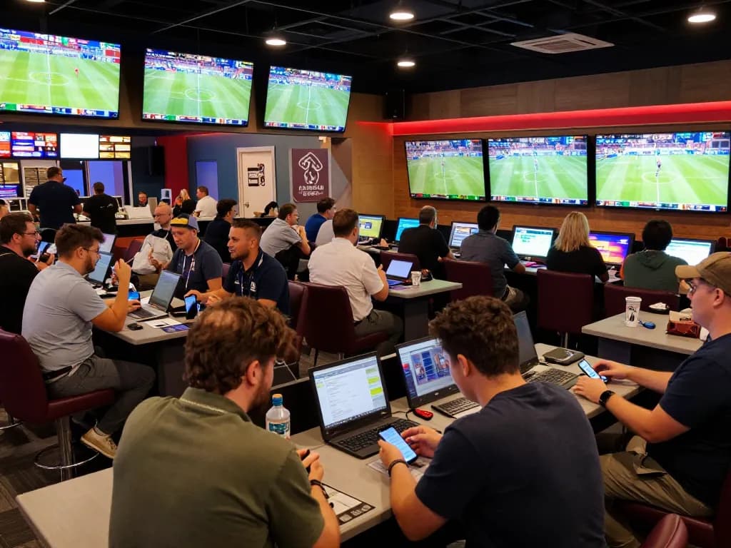 Engaged bettors analyzing odds on a mobile app while placing nhận định kèo nhà cái bets in a dynamic sports betting venue.