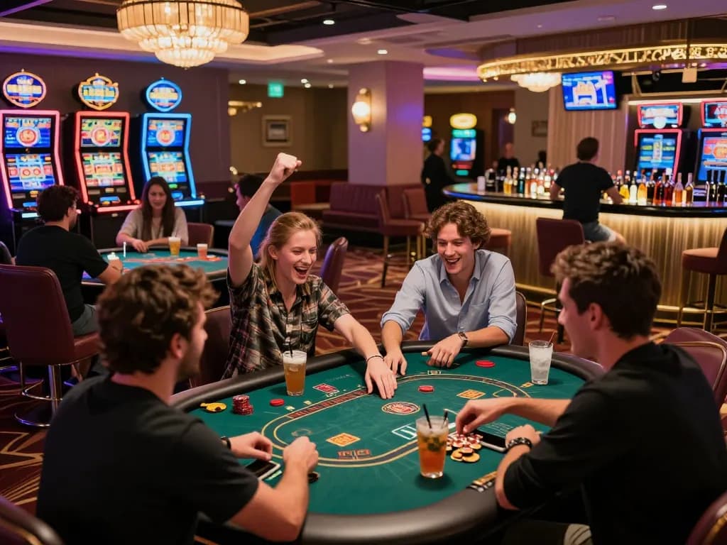 Group of friends celebrating at gambling tables in a modern casino, enhancing experiences at https://rr99.it.com/.