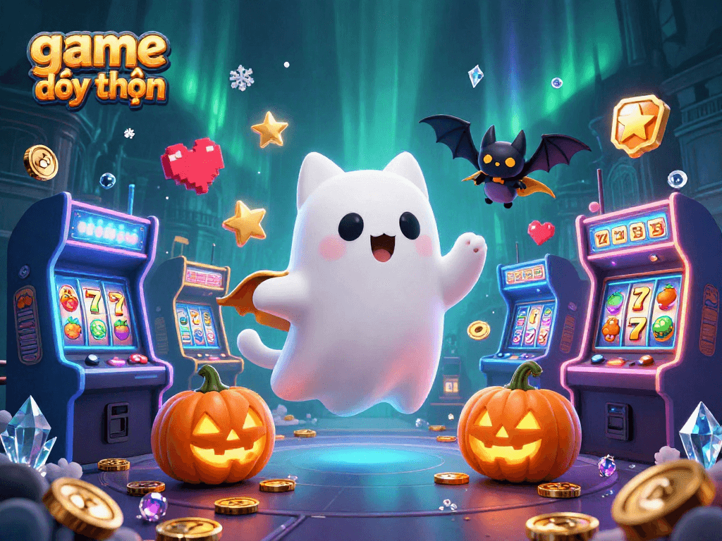 Engage in game đổi thưởng with a vibrant ghost cat, bat, and casino elements illuminated by spooky jack-o-lanterns.