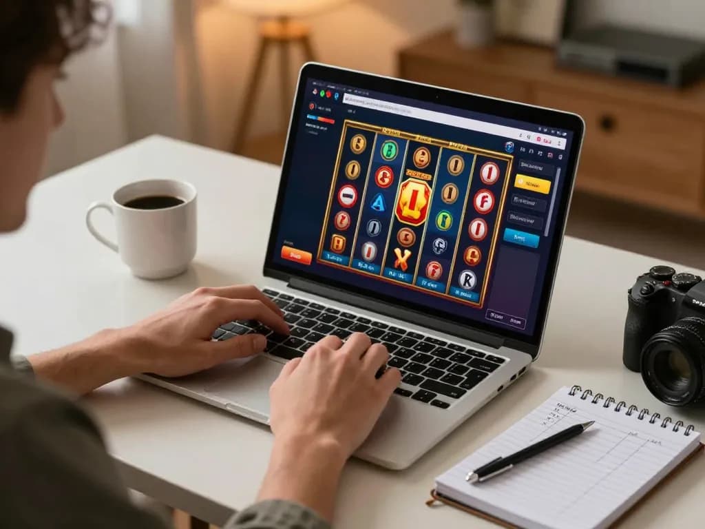 Player engaged in online gambling at home with digitalwala, showcasing an exciting slot game interface and strategic notes