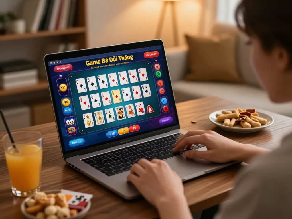 Engaging in Game Bài Đổi Thưởng gameplay with a laptop at home, showcasing vibrant interface and cozy atmosphere.