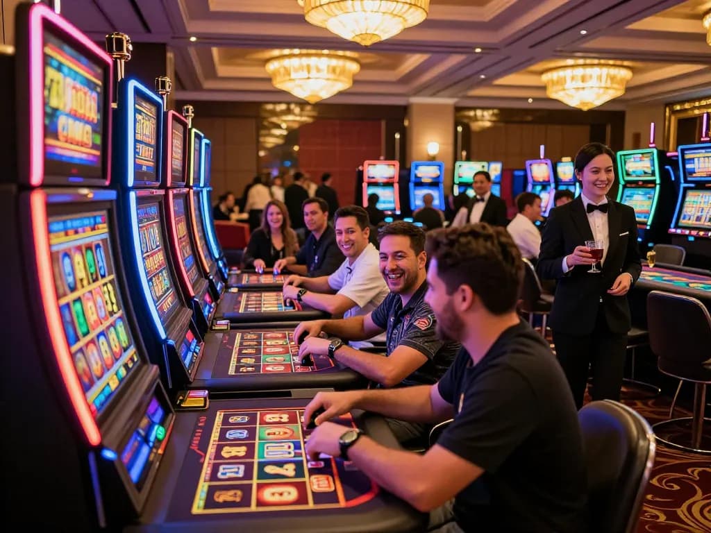 Players enjoying vibrant slot games at LC88's luxury casino, capturing excitement and wins in action.