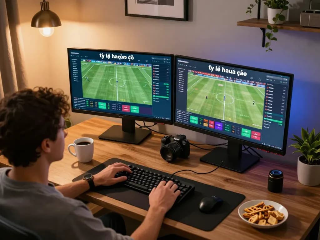 Tỷ lệ nhà cái prominently displayed on a vibrant sports betting app while enjoying a home office betting experience.