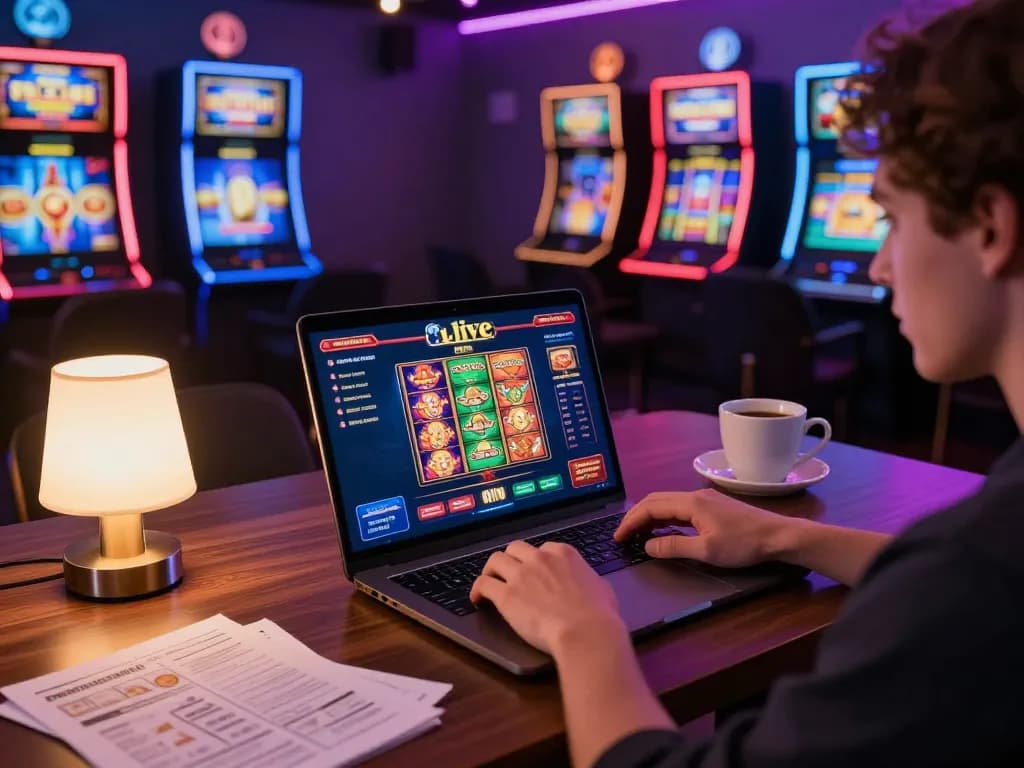 Player engaging with 8live casino interface on laptop, showcasing a vibrant online gaming atmosphere.