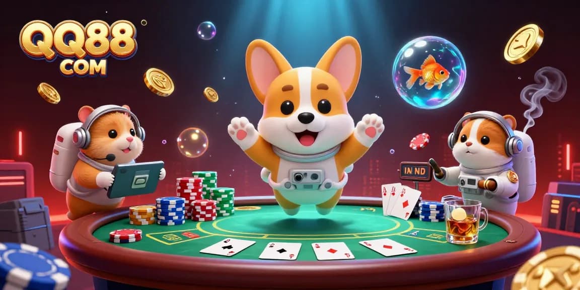 Engage in thrilling gaming excitement at QQ88 COM with a vibrant 3D casino scene featuring animated characters and poker elements.