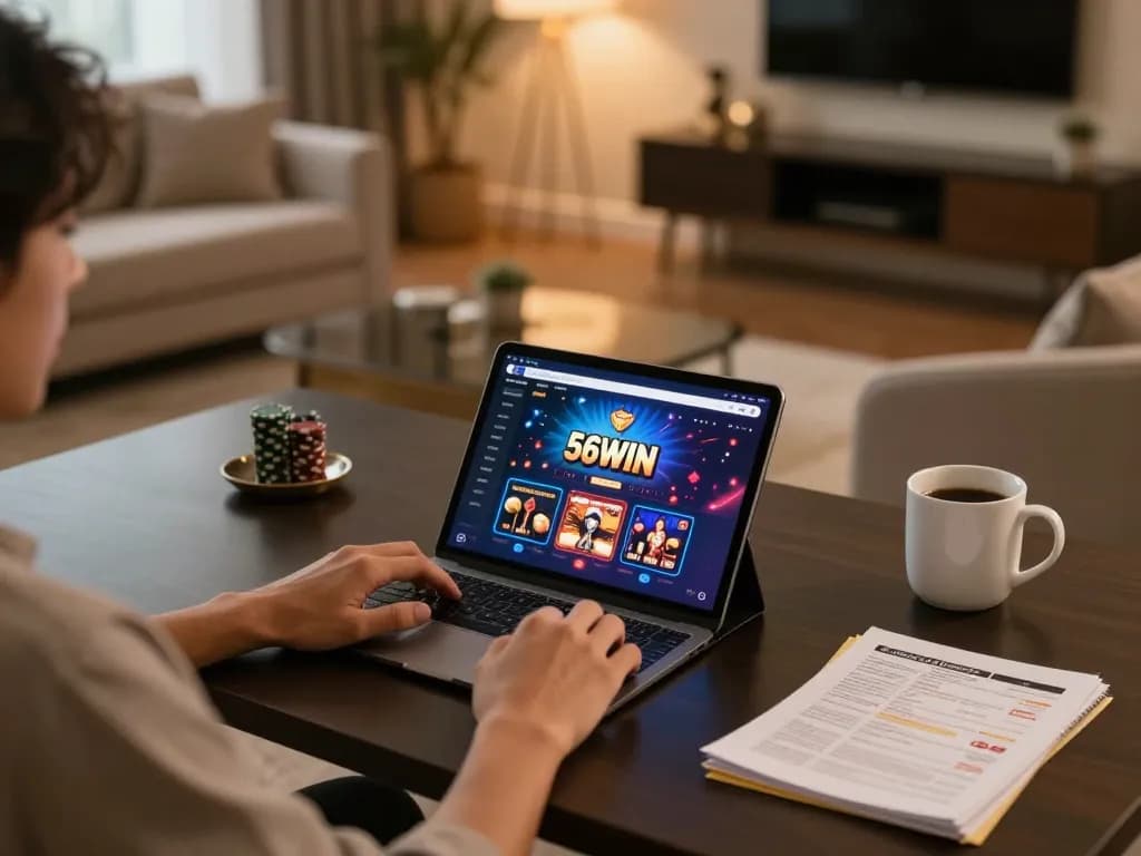 Player engaging with the 56WIN app on tablet, showcasing a premium online gaming experience