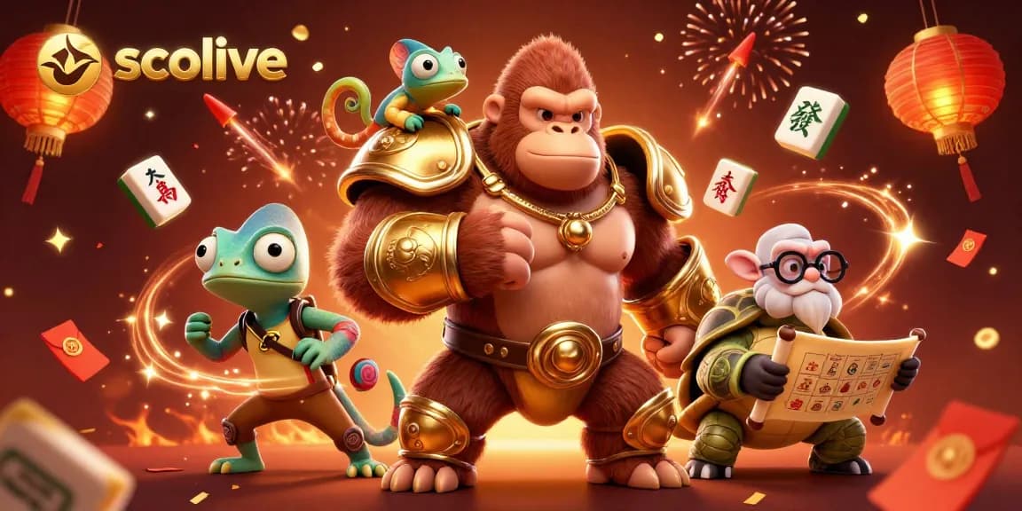Socolive enhances gambling excitement with a dynamic 3D scene showcasing a gorilla king, chameleon, and wise tortoise amidst festive casino elements.