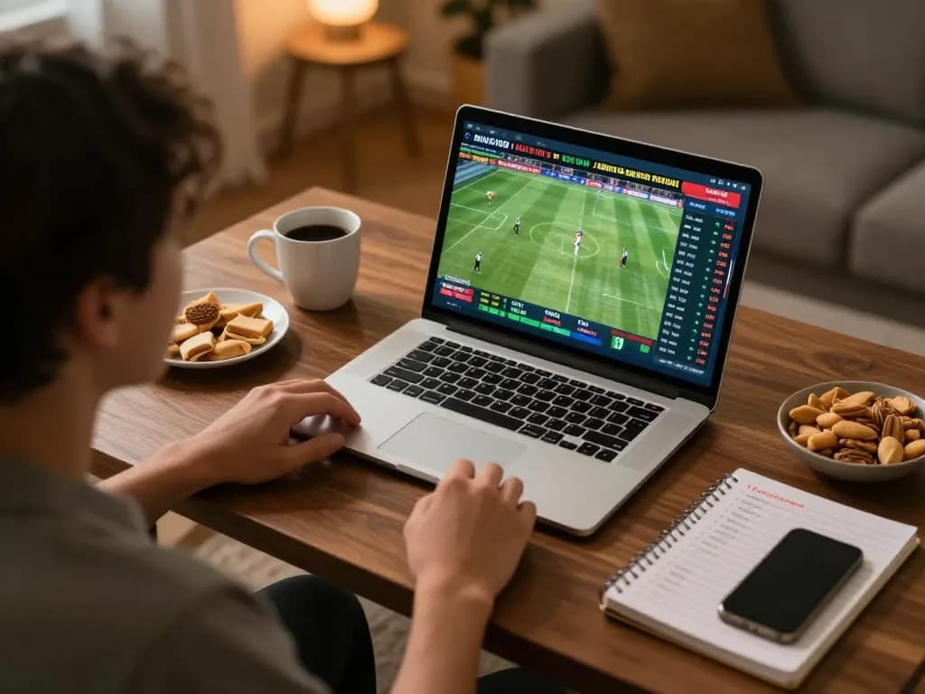 Engaging online sports betting scene at home with LV88, showcasing excitement and strategy in a cozy environment.