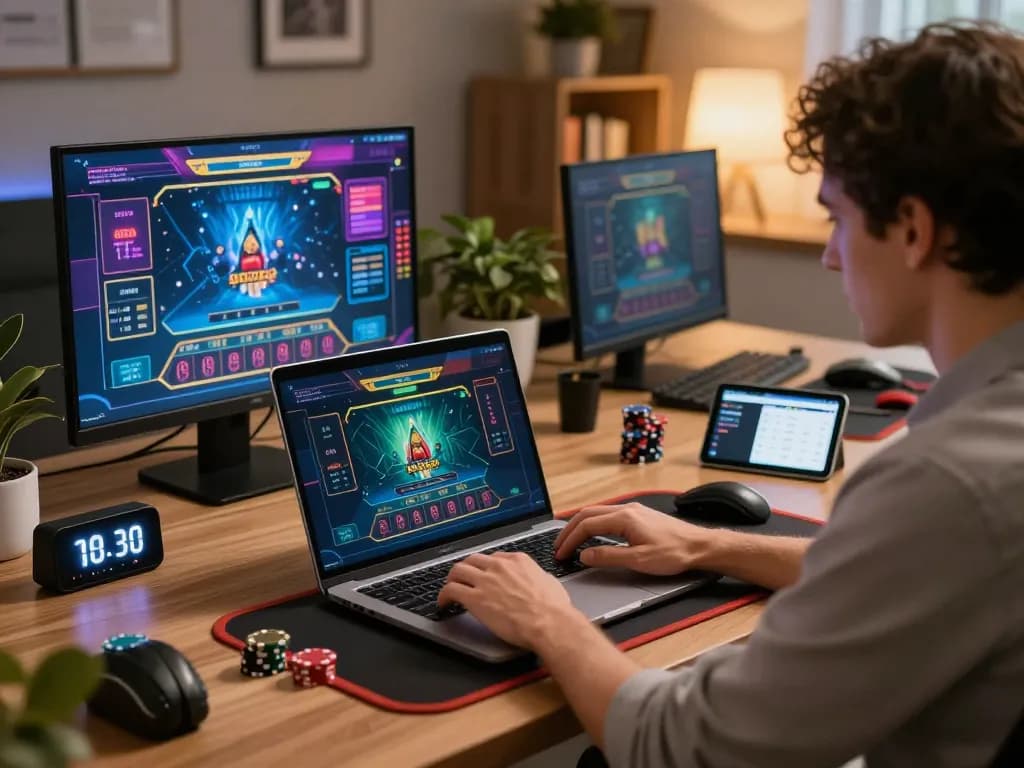 Engaging online blackjack session showcasing 777X strategy in a cozy home office