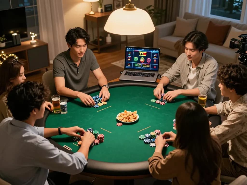 Enjoying a thrilling poker night at home with friends, featuring the Link đăng ký Tx88 for seamless online gaming access.