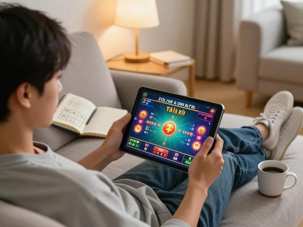 Tai Xiu Online gameplay on tablet at home, showcasing engaging experience for taixiuonline8 users.