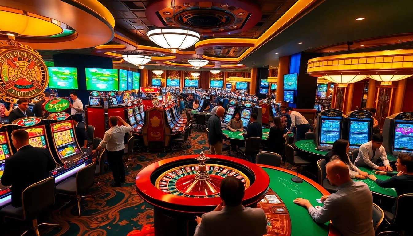 Experience the excitement of 58win 32 with a lively casino scene featuring slot machines and poker tables.