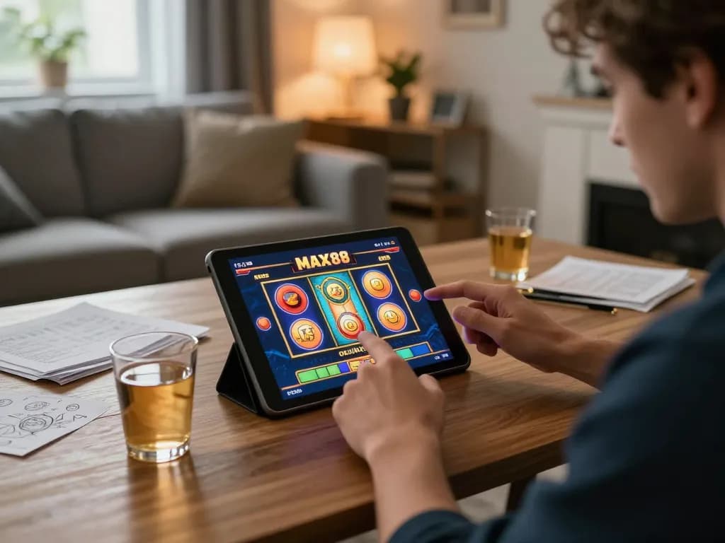 max88 player engaging excitement in online casino gameplay on tablet in cozy home setting